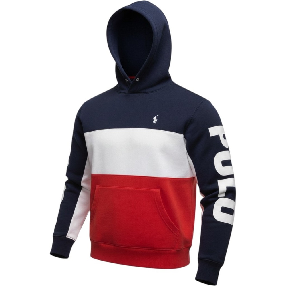 Polo Ralph Lauren Hoodie Mens Red White Blue Colorblock Big Logo Spellout Sweat